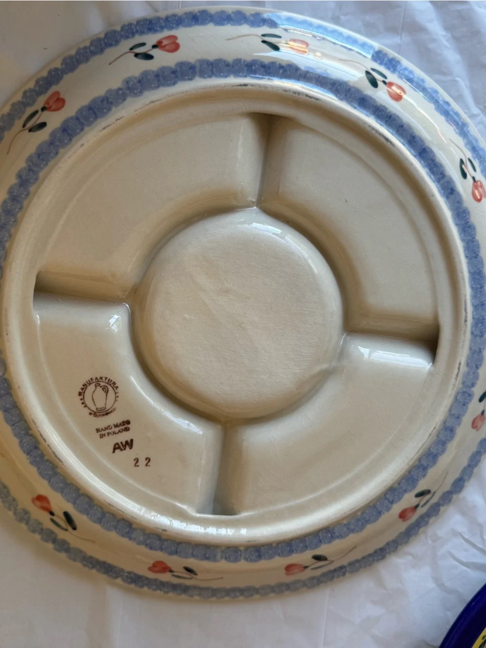 Vintage Polish Pottery Divided Serving Dish Pink And Blue